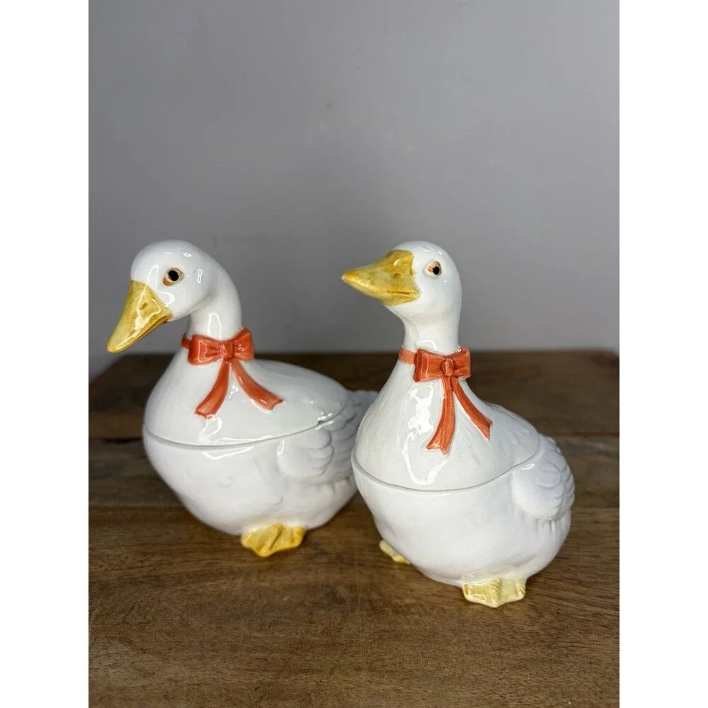 2 Otagiri JAPAN Ceramic Goose Condiment/jelly/ Trinket Jars Rare Musical Geese